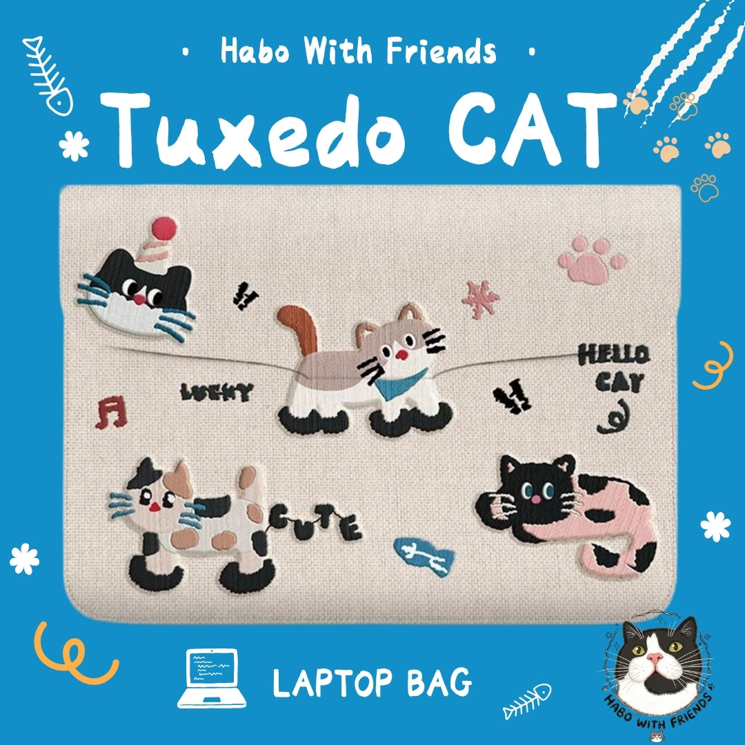 "Stitch &amp; Purr" | Embroidered-Look Tuxedo Cat Computer Bag